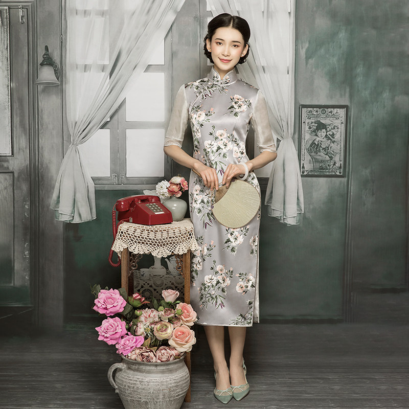 红馆真丝旗袍女桑蚕丝中长复古民国国老上海旗袍