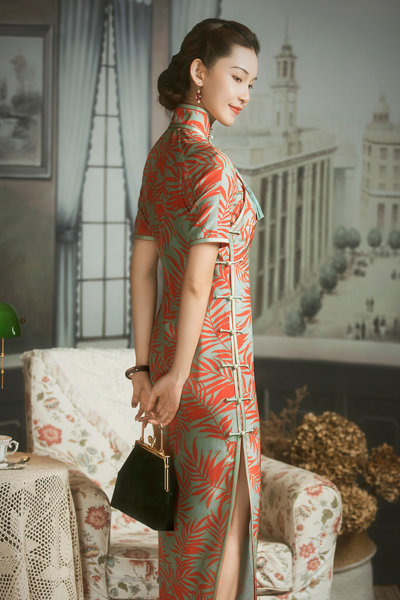 红馆真丝双绉旗袍桑蚕丝高端传统老上海长款2020新款女夏对枫林_双氙