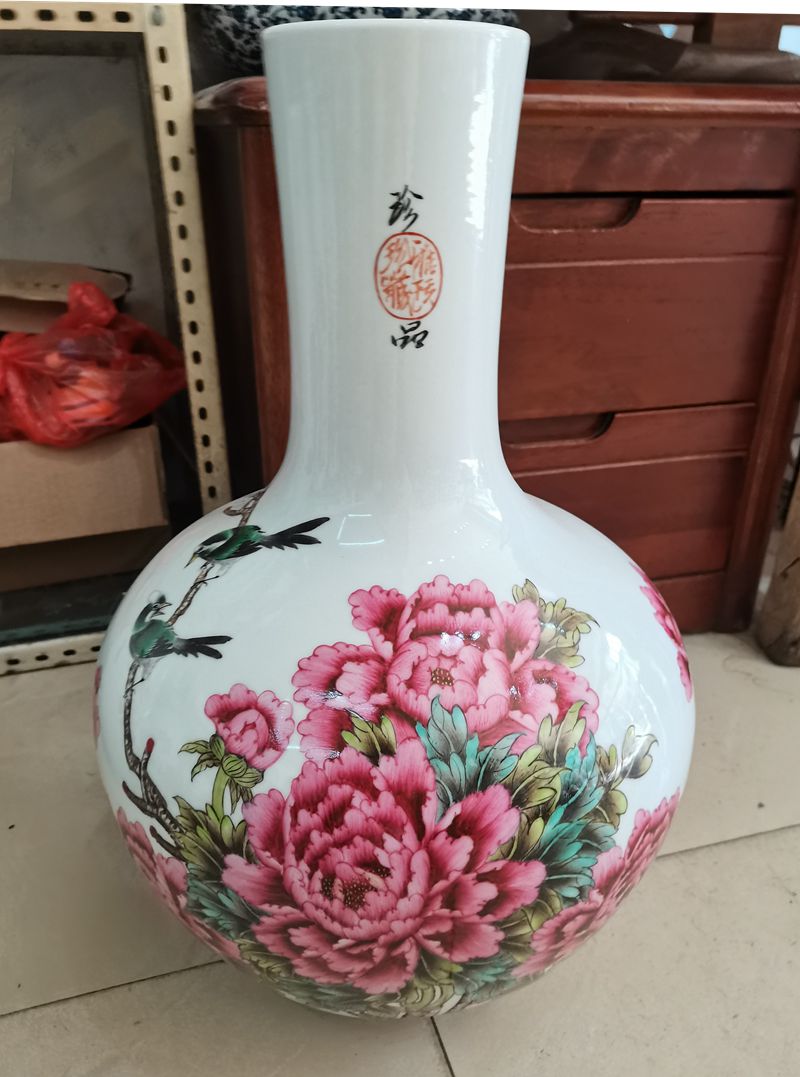 牡丹景德镇陶瓷花瓶手绘牡丹花花鸟天球客厅插花摆设花瓶