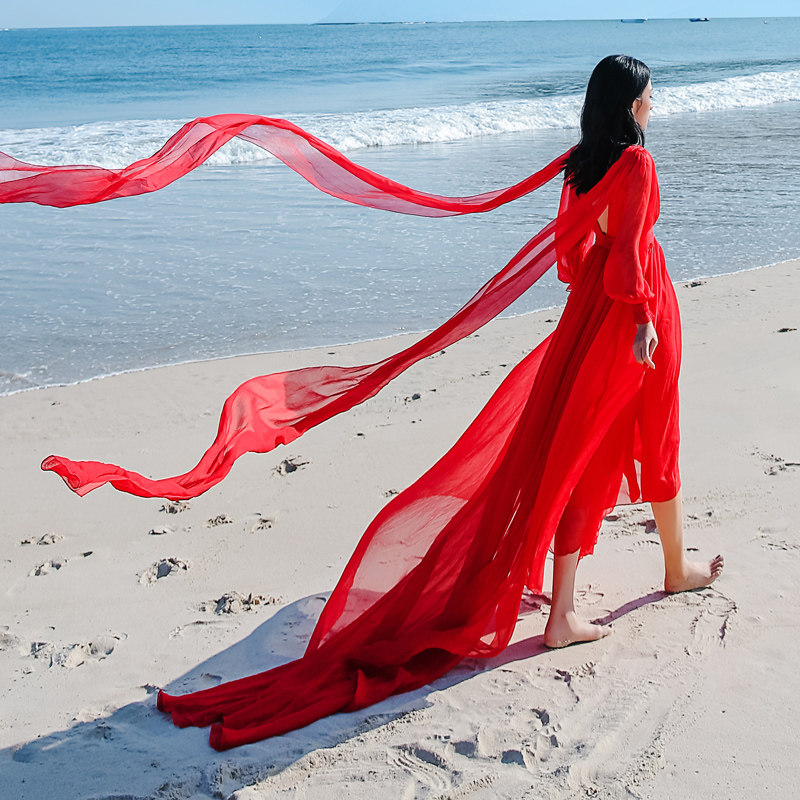沙漠异域沙滩裙超旅游拍照衣服红色大摆拖尾连衣裙