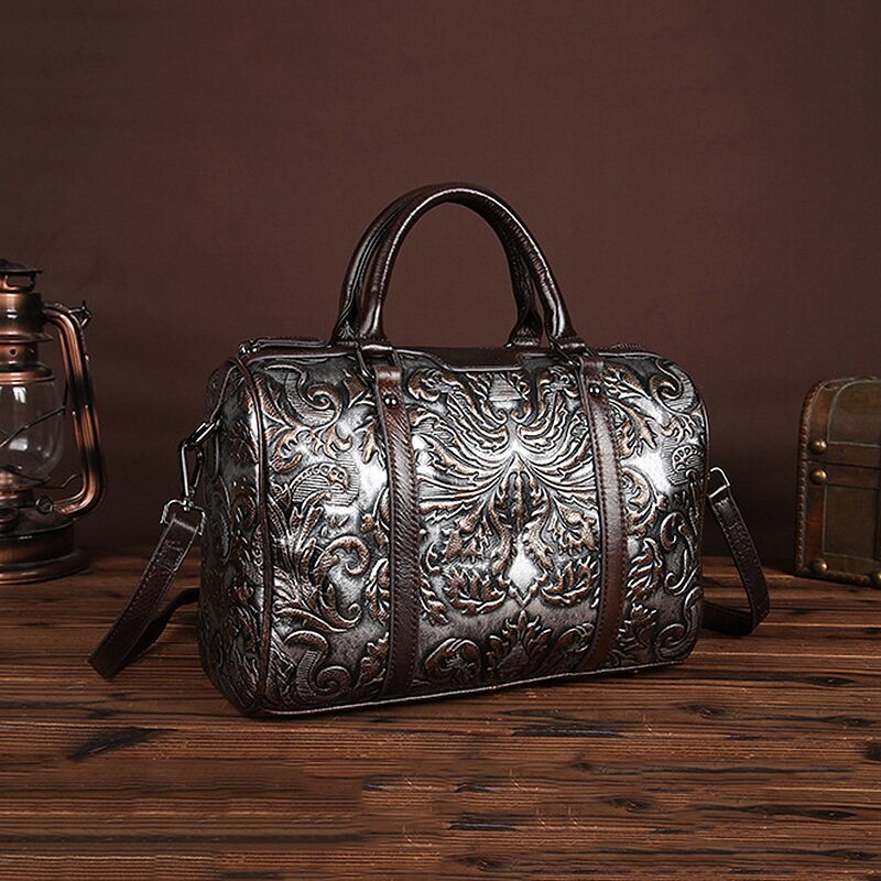 复古女包包头牛皮手提包民族压花擦色真皮单肩水桶包