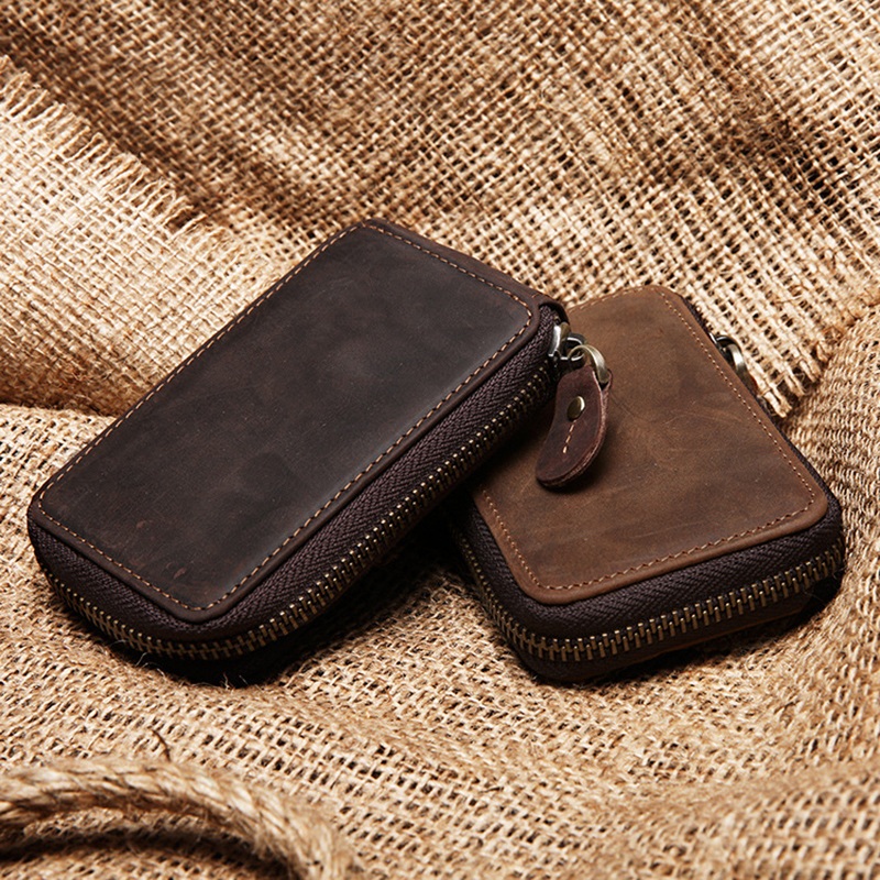 复古马皮拉链钥匙包男纯手工休闲头层牛皮竖款钥匙包