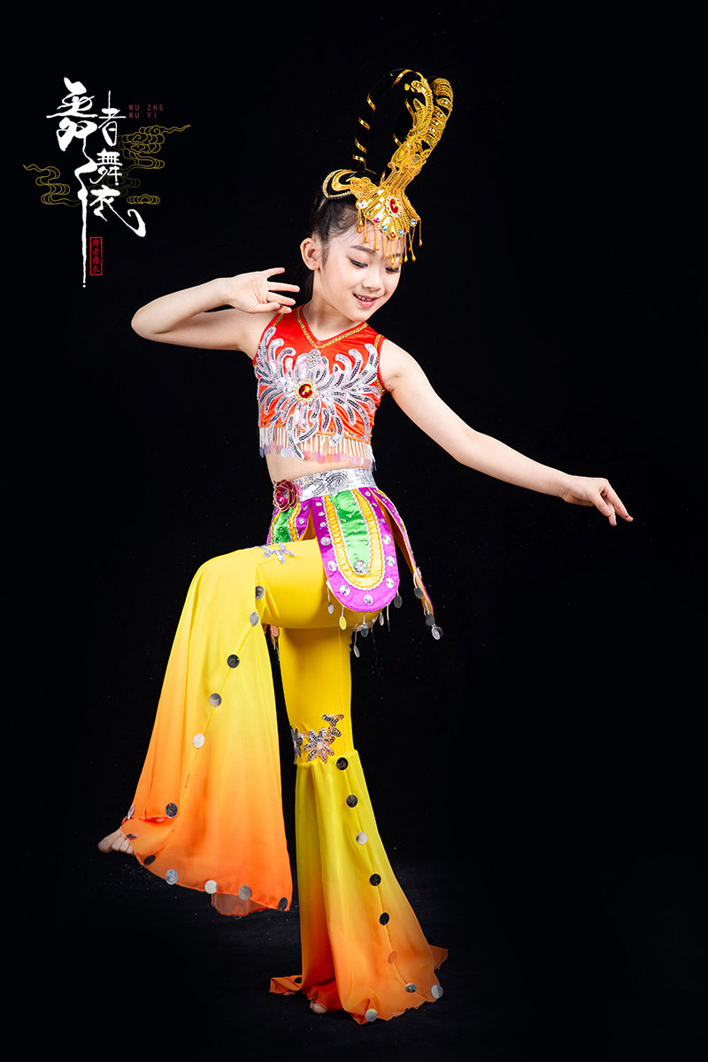 敦煌舞蹈儿童七彩佛光飞天舞演出服服装古典反弹儿童演出服