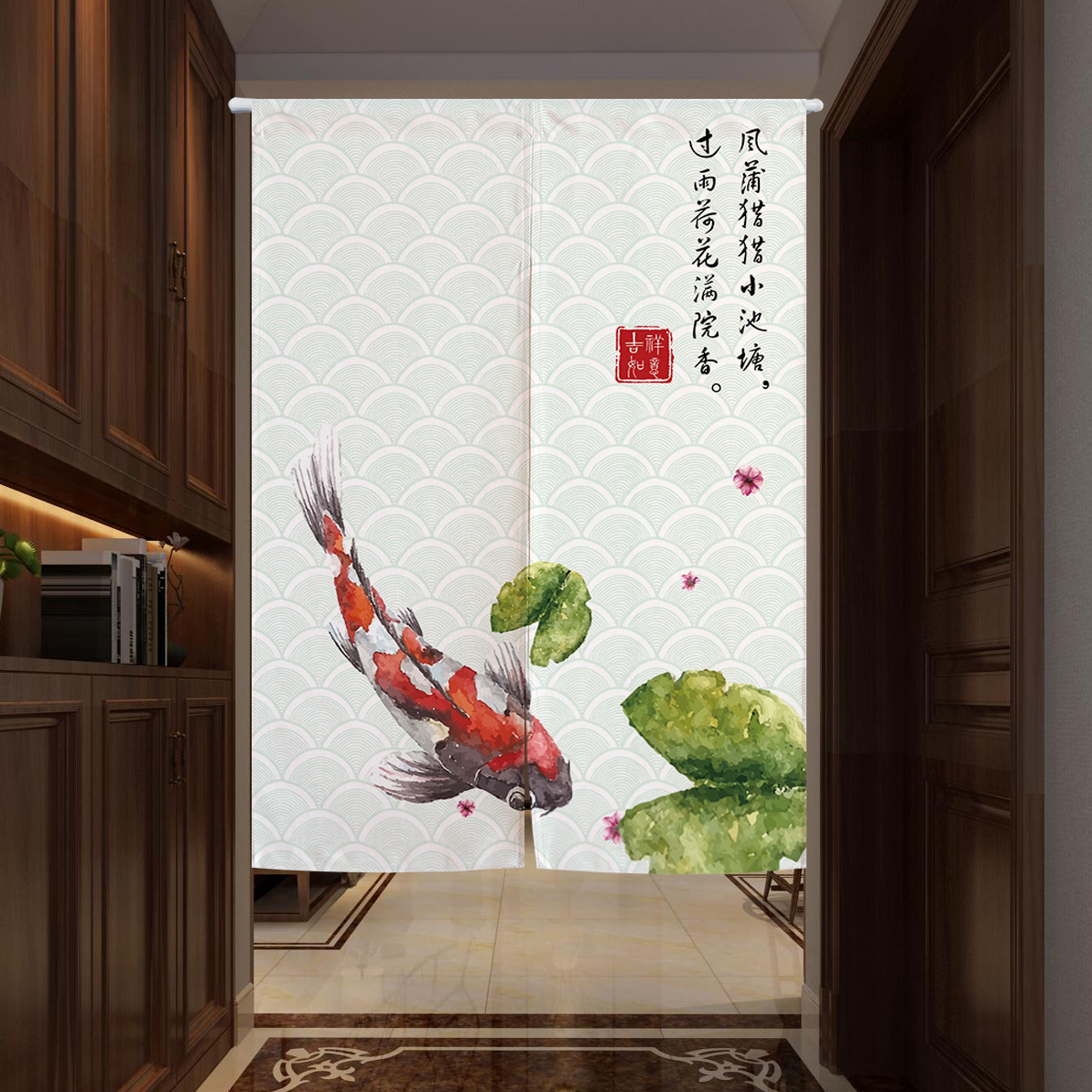 荷花棉麻门帘中国风隔断挂帘中式风水水墨莲花布帘子卧室半帘定制