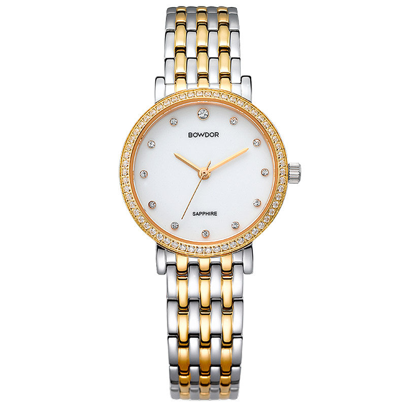 专柜正品宝舵手表精钢超薄情侣男女对表石英表镶钻金色女表