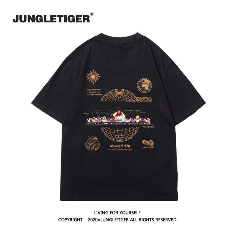 夏丛林老虎原创潮牌美式t恤短袖男潮流黑色情侣宽松百搭纯棉体恤