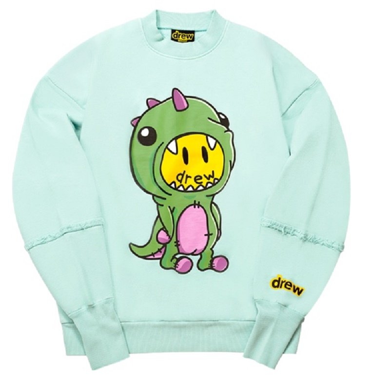 drew恐龙拼接圆领卫衣薄荷浅绿色鹿晗同款卡通卫衣