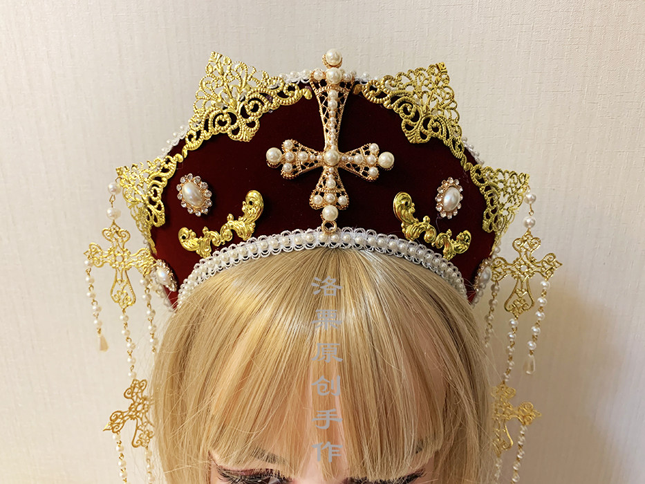原创手作洛丽塔红丝绒都铎冠珍珠十字架发箍皇冠发饰