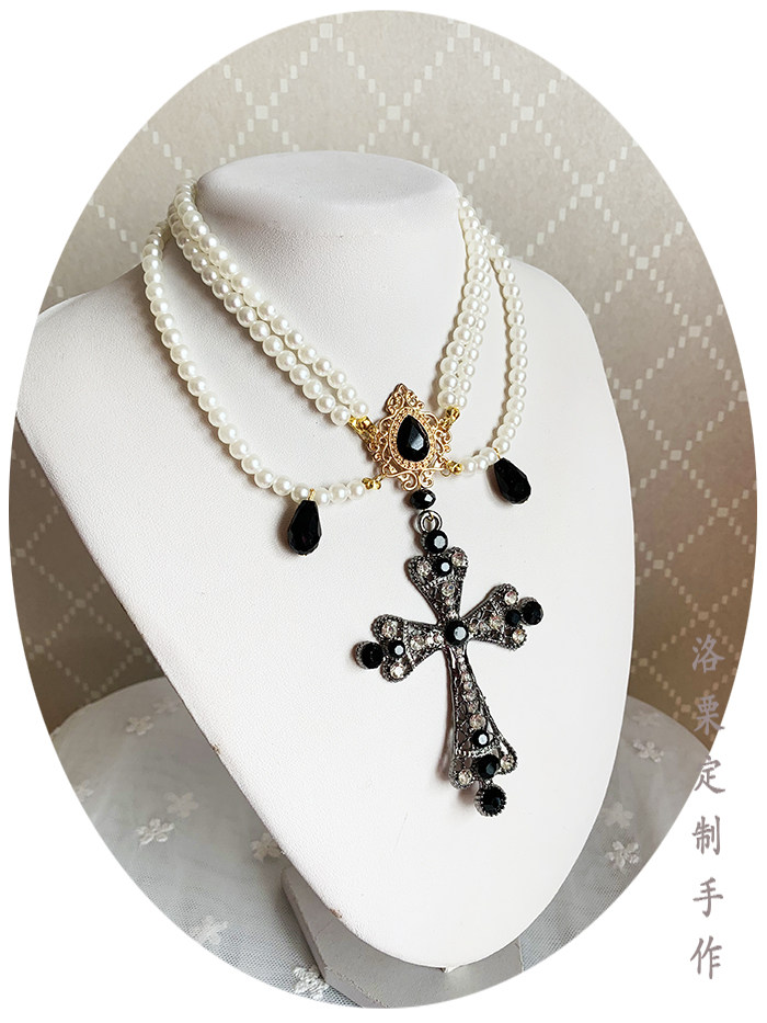 项链复古哥特珍珠黑色十字架百搭流苏宫廷镶嵌项链