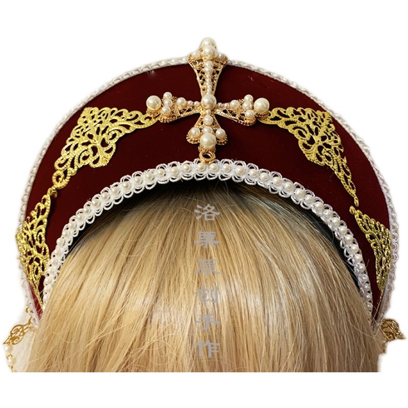 丝绒绒都铎冠洛丽塔复古金色发饰珍珠十字架皇冠王发饰