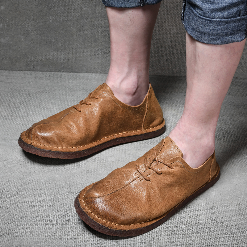 夏季真皮透气男鞋百搭休闲鞋手工复古皮鞋懒人鞋牛筋底软皮软底鞋