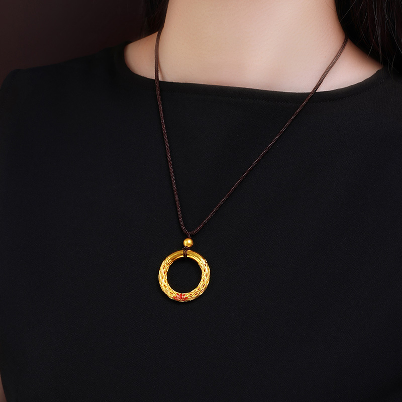 赛菲尔足金999.9传家古法金吊坠传承莲花烤漆项链金珠套链女款