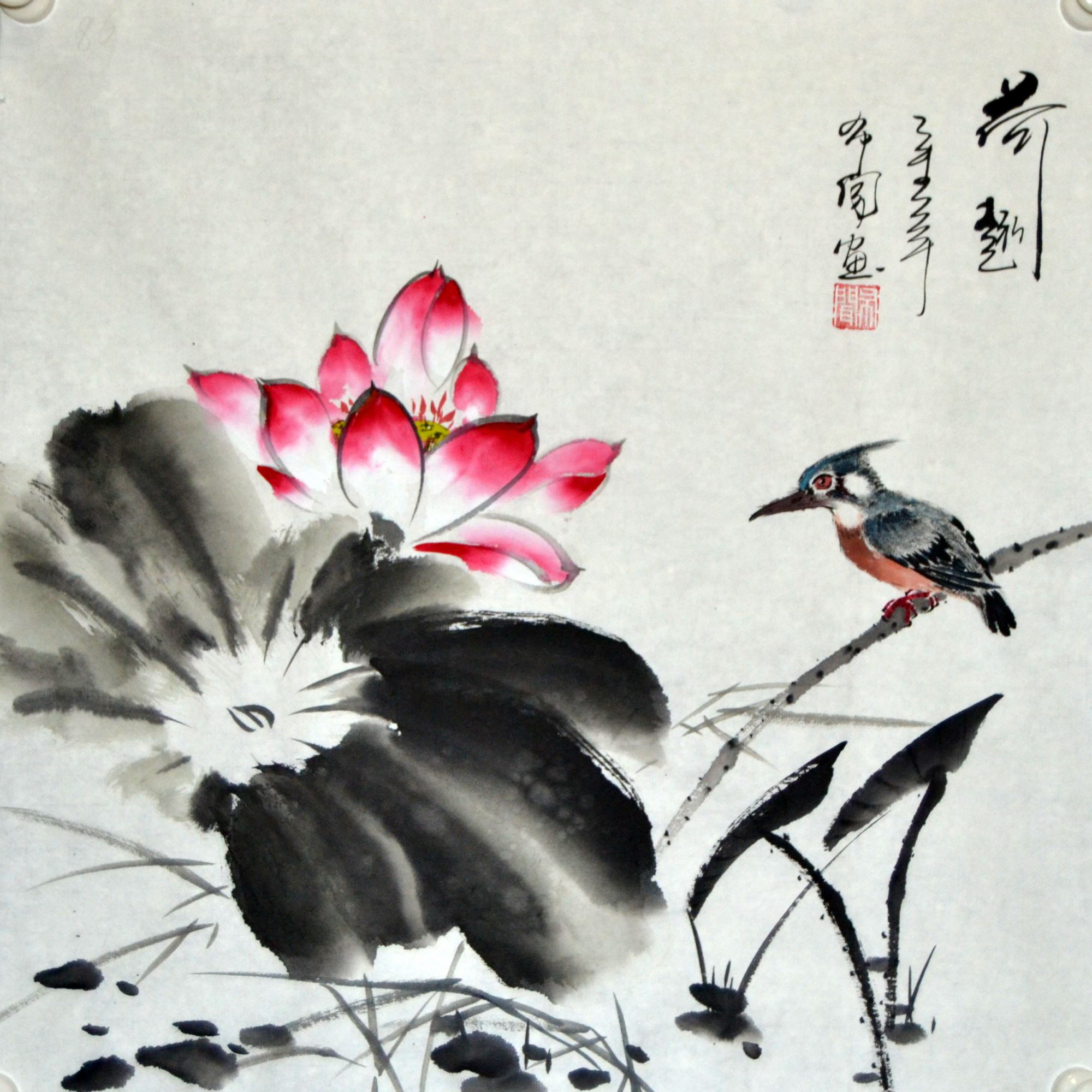 水墨荷花无款三尺斗方国画花鸟字画书房餐厅国画