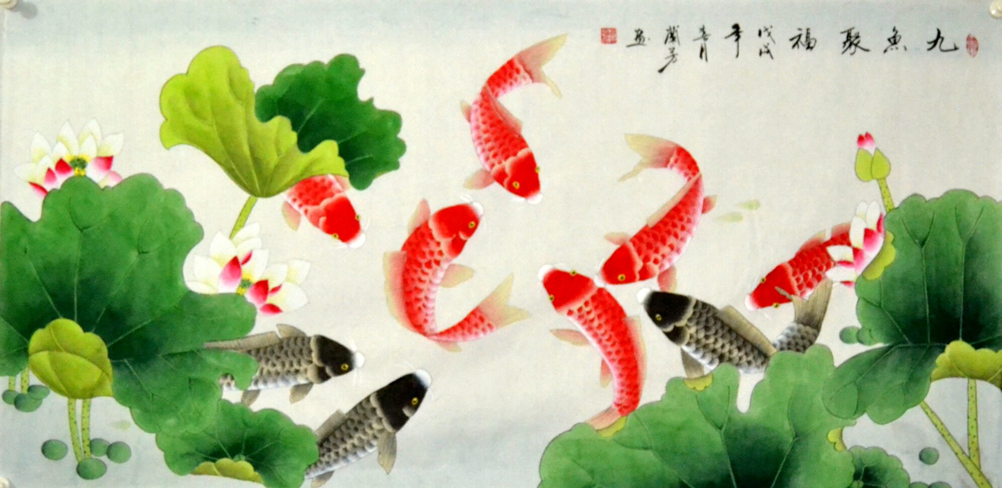 叔灵工笔画装饰手绘客厅字画花鸟画国画荷花九鱼国画