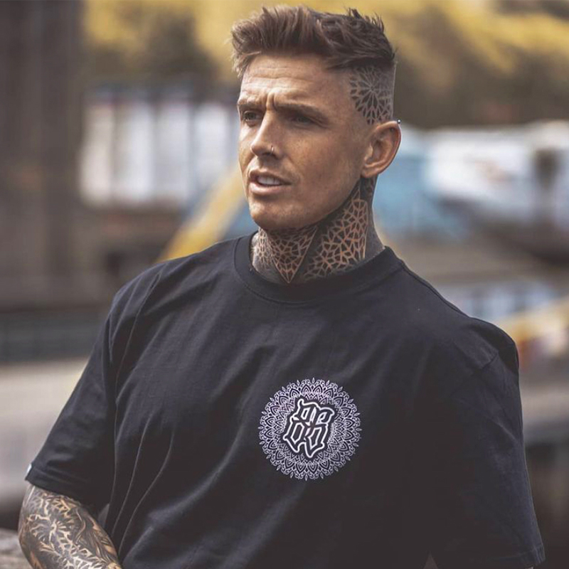 西海岸匪帮纹身刺青环状文字美式街头vintage机车t恤