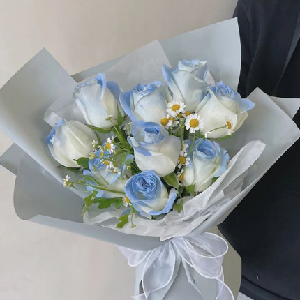 抖音同款密西根碎冰蓝渐变蓝白玫瑰七夕情人节生日长沙鲜花同城