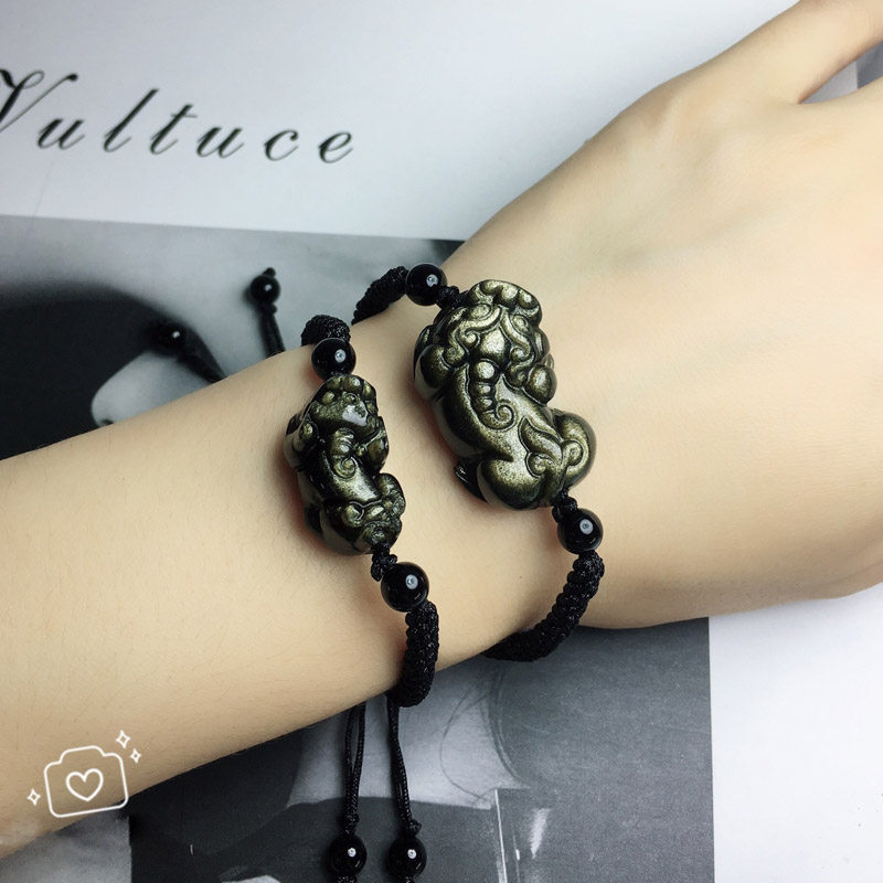 正品天然金曜石貔貅手链黑曜石编织项链男女情侣闺蜜一对招财手绳