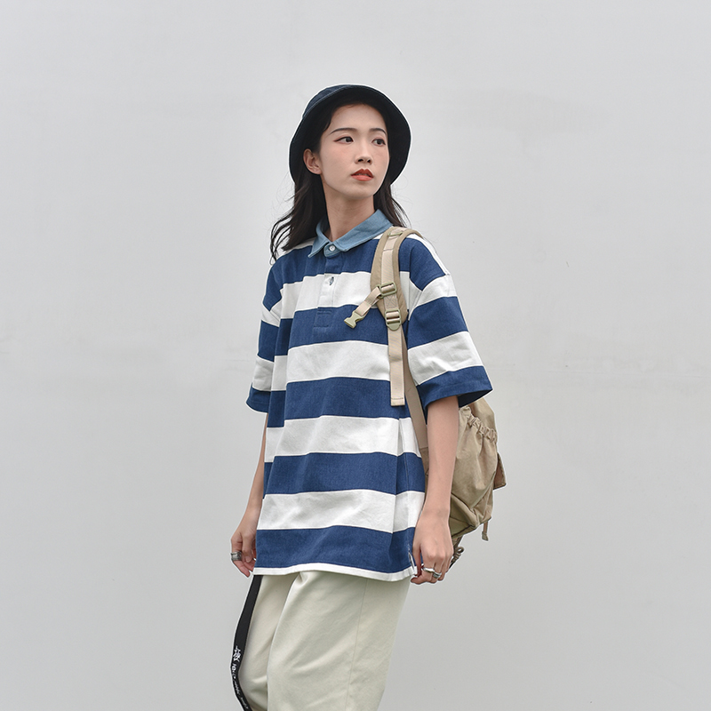 倔强兔日系潮牌宽松条纹水洗做旧polo衫 男情侣学生翻领短袖tee