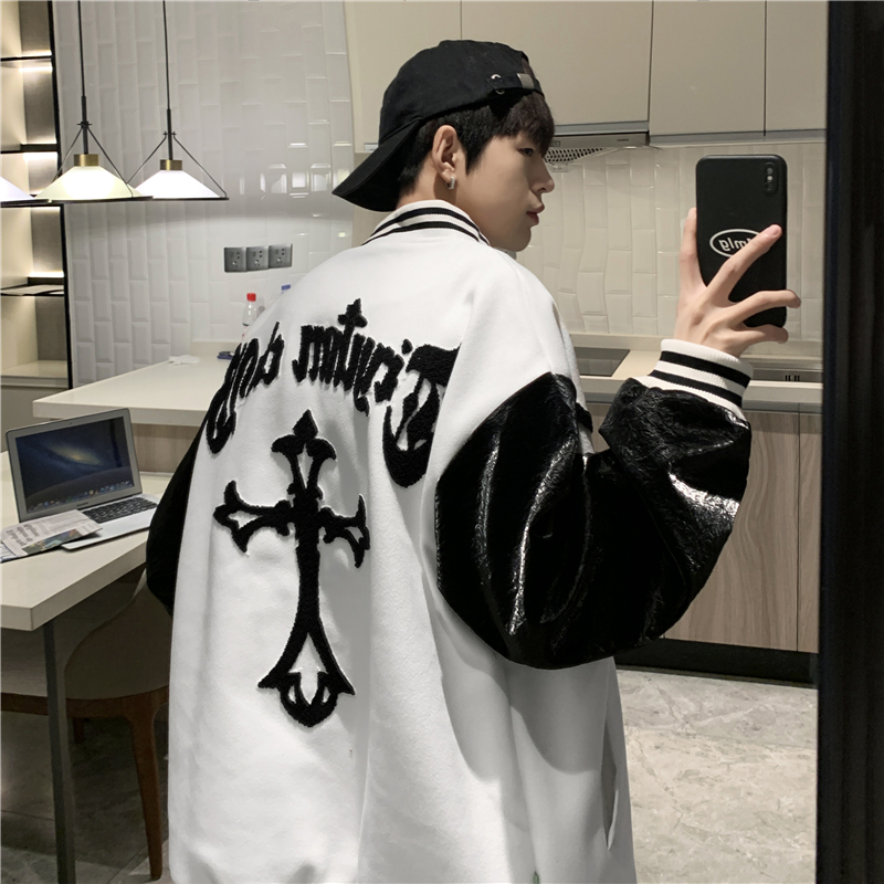 美式复古vintage棒球服男春秋潮牌ins高街潮流十字架刺绣毛呢外套