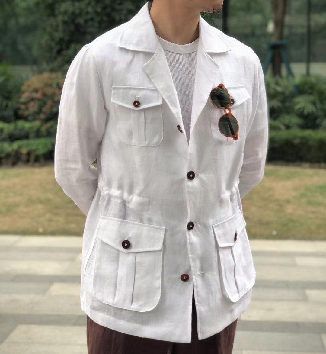 TheKiller2021春夏无结构safari人字纹男士亚麻猎装拿波里袖夹克