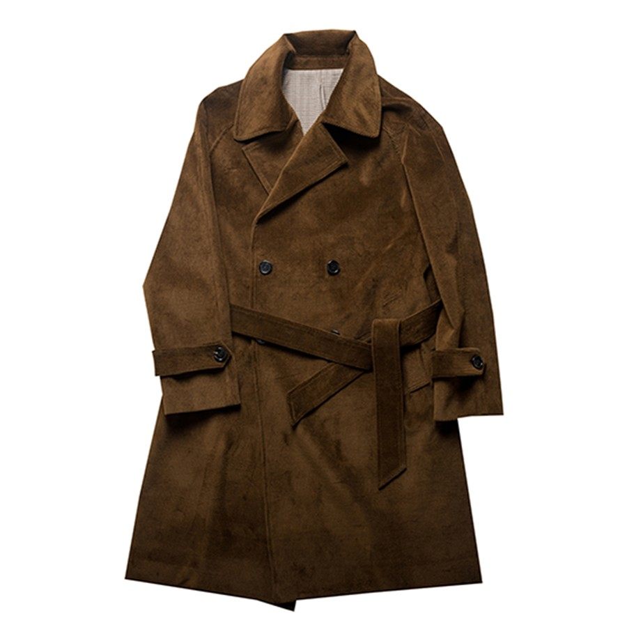 thekiller男士全棉宽松插肩袖灯芯绒大衣双排扣翻领长款战壕风衣