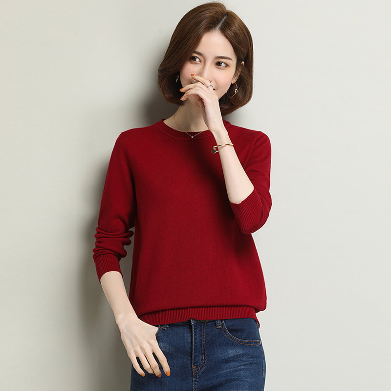 恒源祥羊毛衫女薄款秋冬新款宽松显瘦低领针织衫套头打底毛衣短款