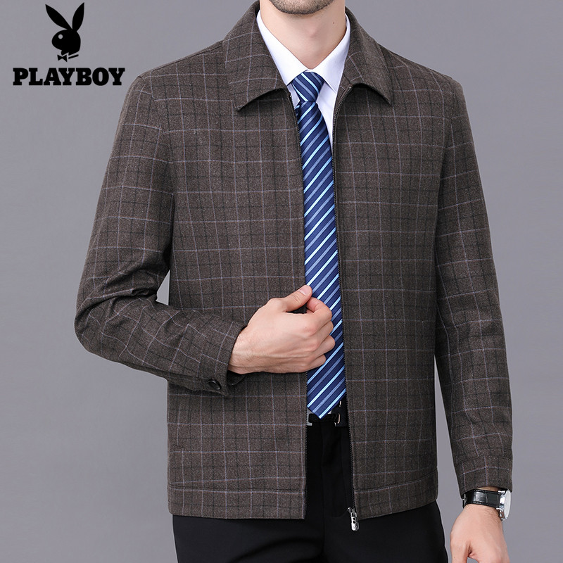 花花公子中年男士羊毛宽松夹克衫秋季薄款外套中老年翻领爸爸大码