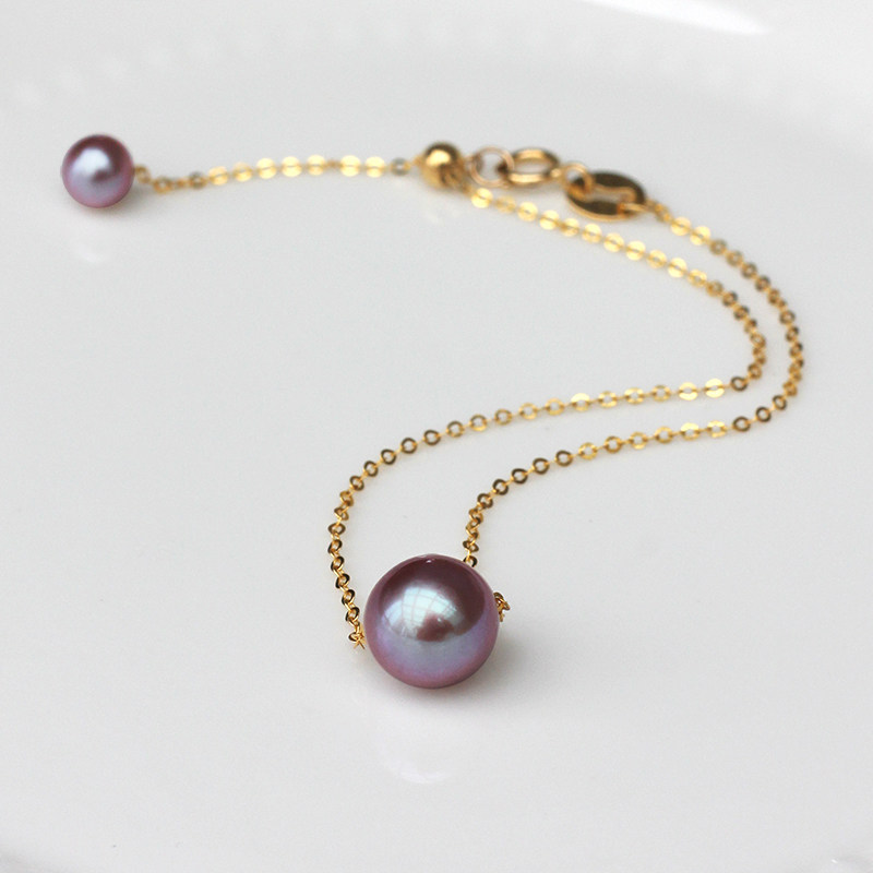 路路通珍珠手链天然紫色淡水女18k黄金可调节真彩色单颗极光一颗