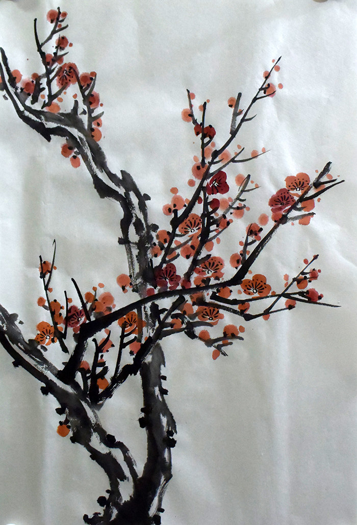 红梅梅兰竹菊装饰玄关画芯宣纸手绘无款三开梅花国画