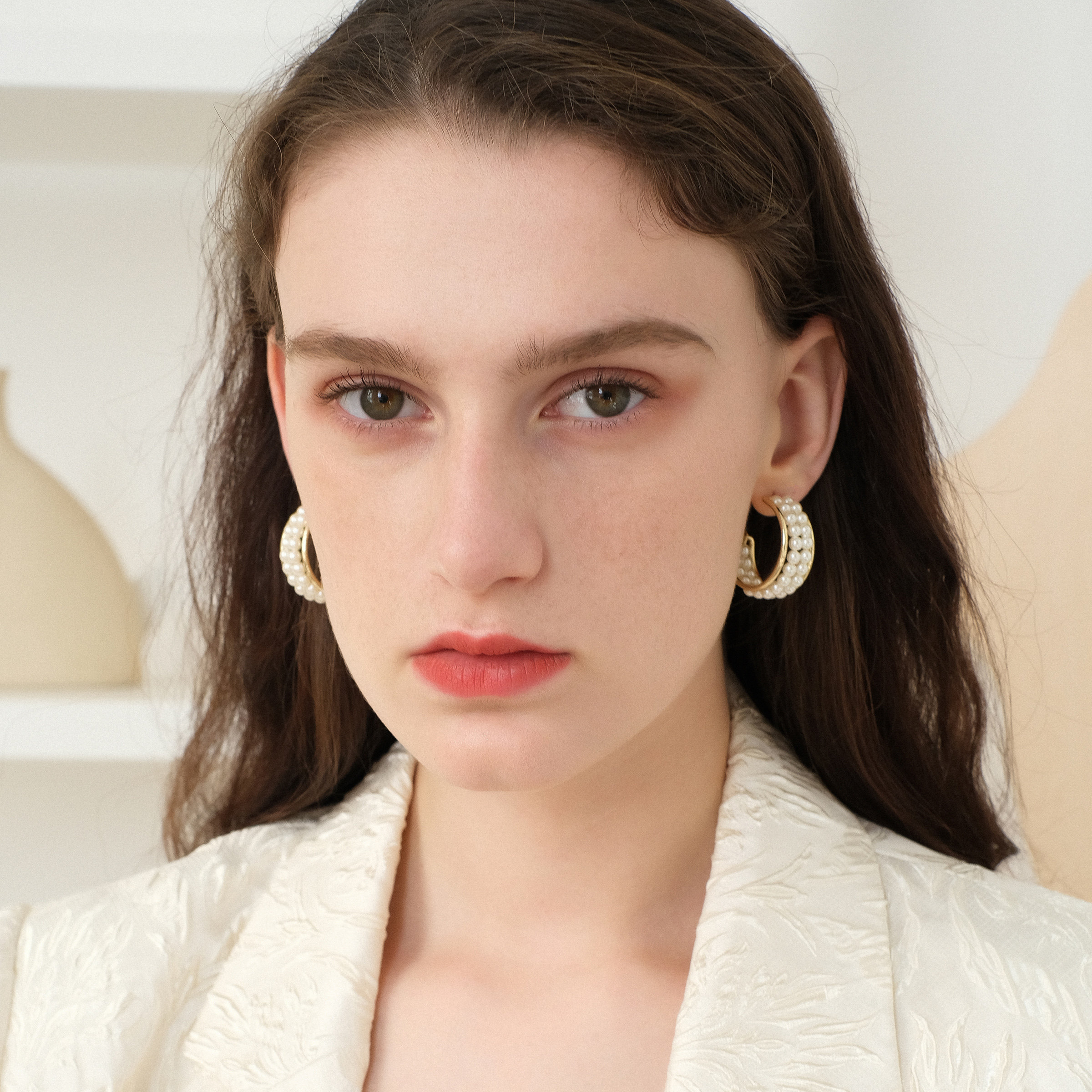 浮漾float极简金色圆圈c型耳环女复古珍珠耳钉925银气质耳圈耳夹