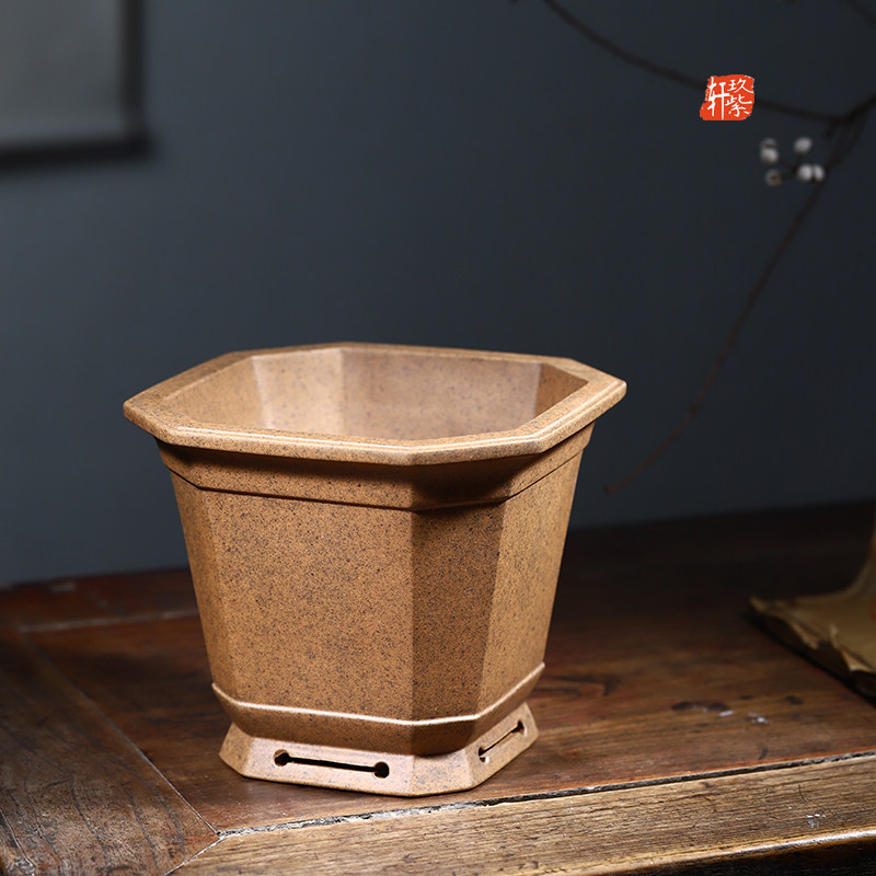 紫轩精品柴烧盆景花盆四方中号陶瓷多肉透气花盆