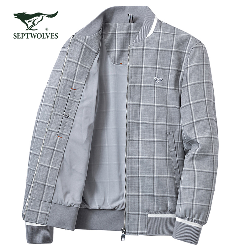 七匹狼男装夹克 2022春季新款 棒球领格子拉链百搭单茄克男士外套