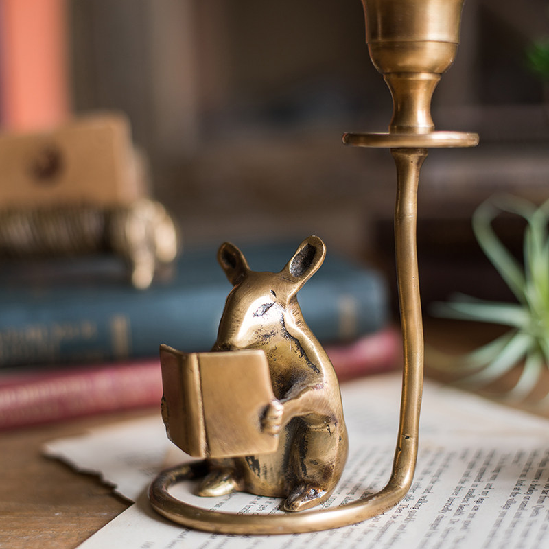 掬涵印度进口黄铜手工仓鼠烛台桌面书房摆件烛台