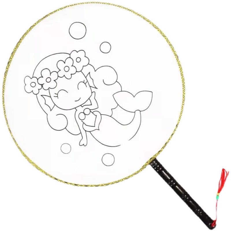 手绘团扇扇子圆形真丝临摹填色绘画亲子暖场白模填色