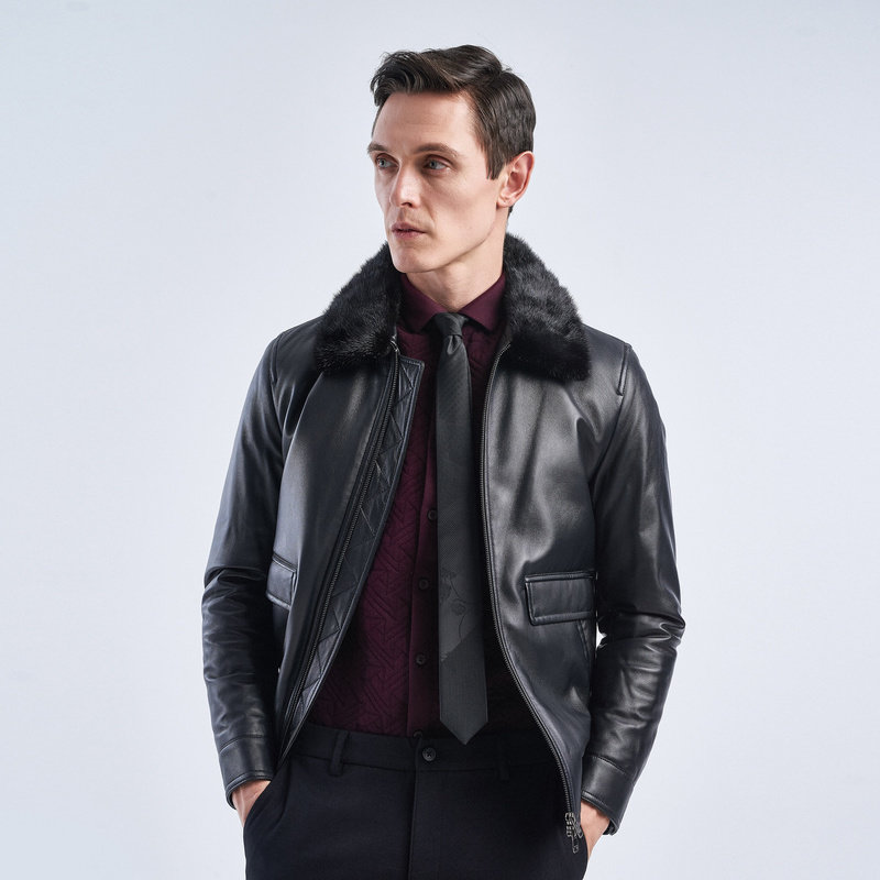 劲霸皮装2019秋季新款男士翻领脱卸毛领修身皮衣