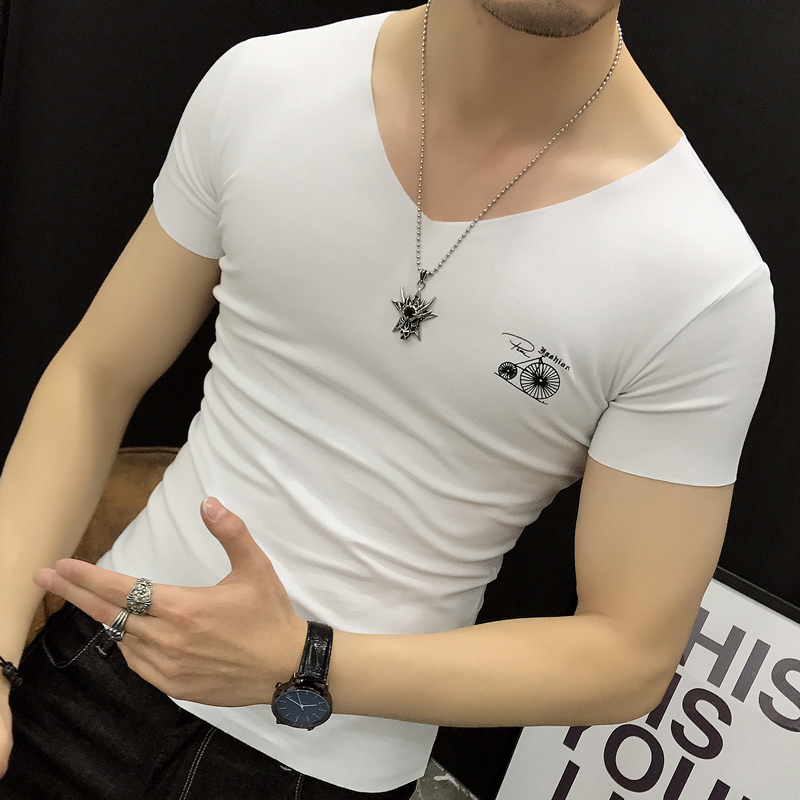 无痕短袖T恤男鸡心V领无边修身夏季青年运动健身弹力紧身打底衫潮