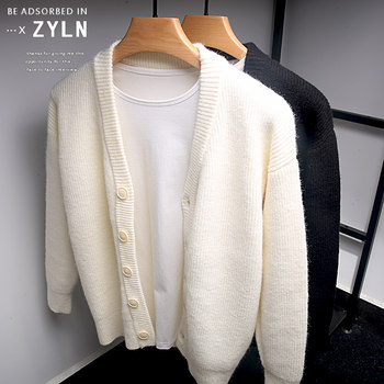 ເສື້ອກັນໜາວຜູ້ຊາຍສີຂາວ cardigan ລະດູໃບໄມ້ປົ່ງທ່າອ່ຽງ lazy style sweater jacket ຜູ້ຊາຍດູໃບໄມ້ລົ່ນຂະຫນາດຂະຫນາດໃຫຍ່ວ່າງ sweater ແບບເກົາຫຼີ