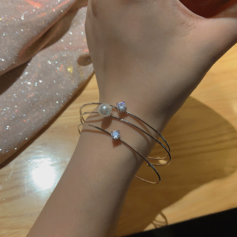 ins小众设计珍珠锆石多层开口手镯气质简约网红手镯