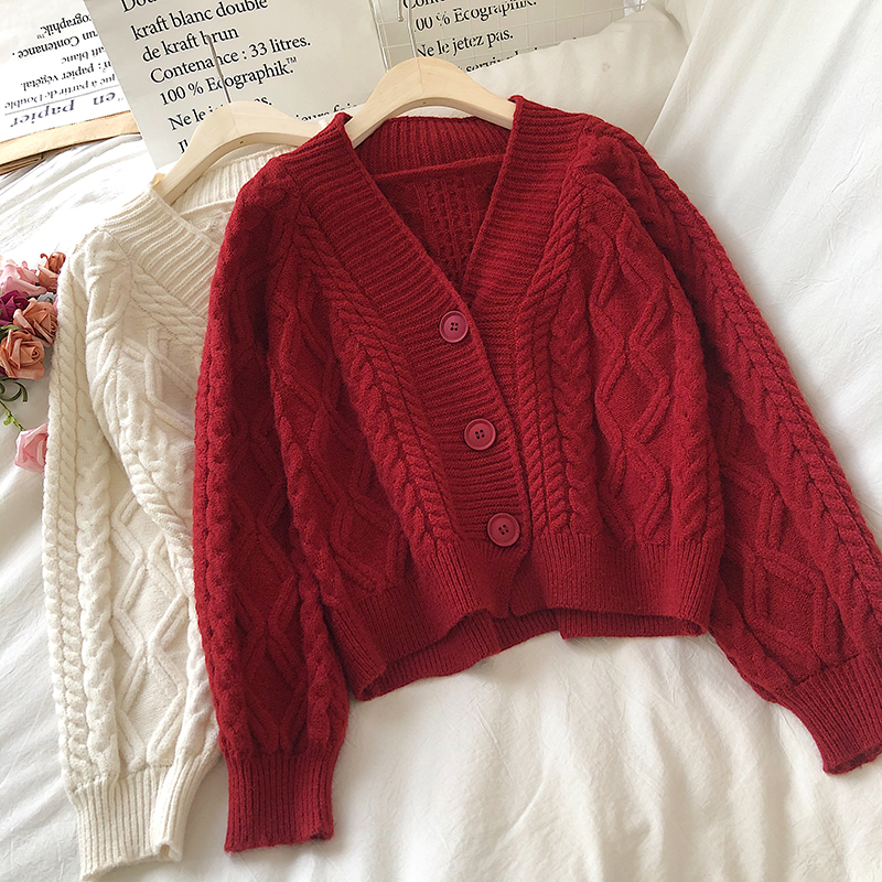 秋冬韩版复古百搭加厚单排扣麻花纹理泡泡袖短款纯色针织衫毛衣女