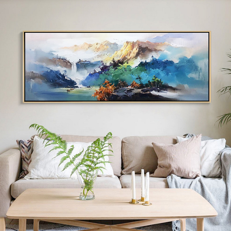 新中式酒店手绘风景抽象装饰画样板房现代挂画横长油画