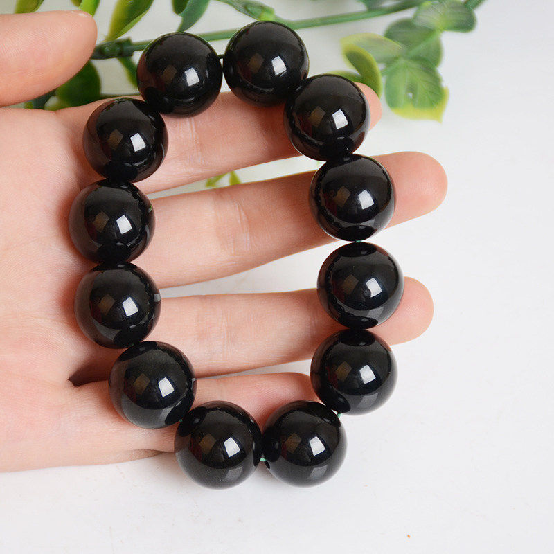 天然新疆和田玉墨玉手串墨青玉手链圆珠20mm手饰