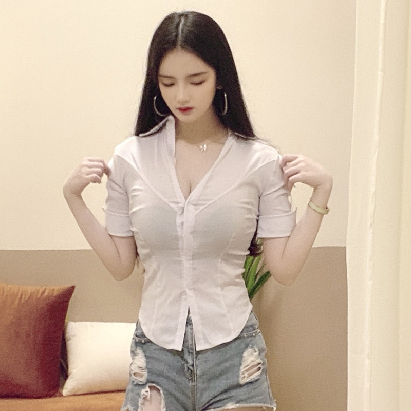 立领ol衬衣上衣低胸性感制服衬衫白色短袖衬衫