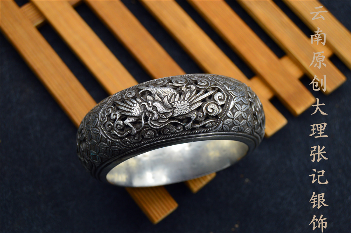 原创中国古风镂空手镯麒麟龙凤凰貔貅神兽烧蓝手镯