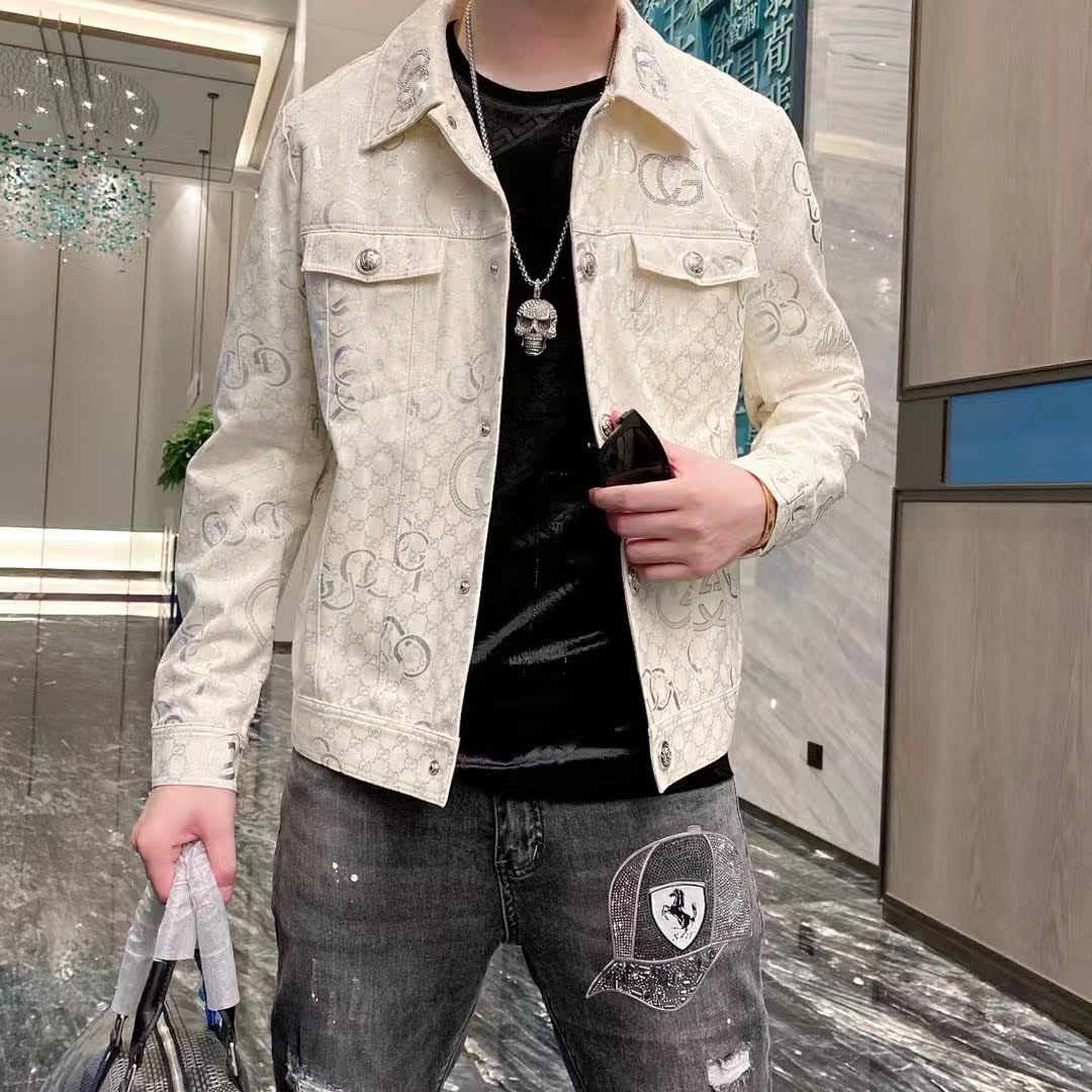 欧货潮牌秋季新款时尚潮流烫钻休闲修身翻领夹克牛仔外套男士青春