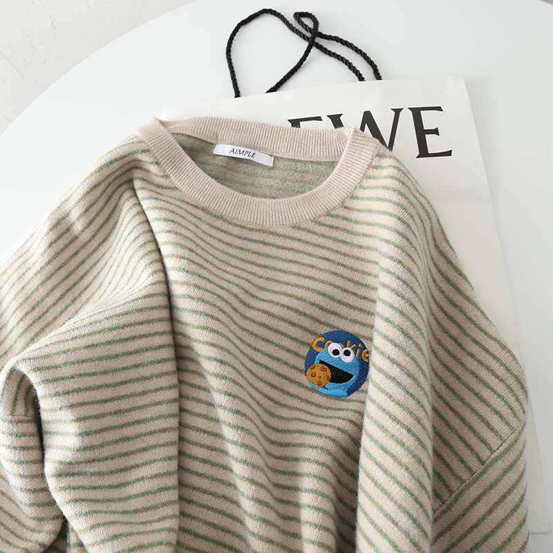 PP家/高品质/撞色细条纹亲肤软糯圆领套头毛衣2019秋冬新款针织衫