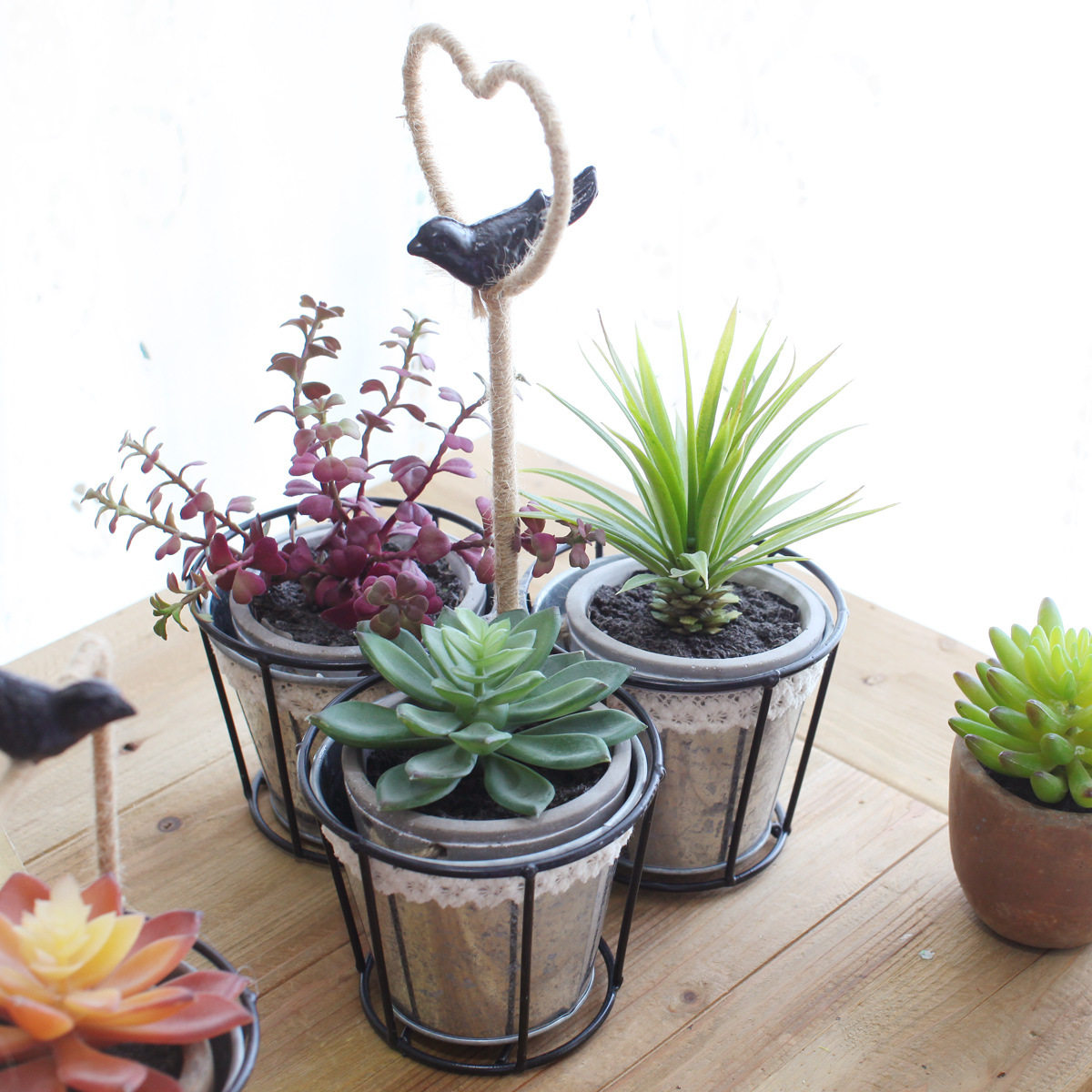 欧式田园铁艺小鸟提手花盆复古创意意多花瓶摆件