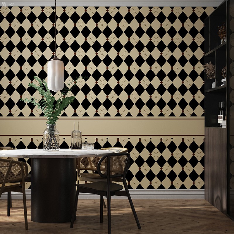 黑白菱形墙纸自粘餐厅客厅电视背景墙壁纸自贴美式复古风菱格壁纸