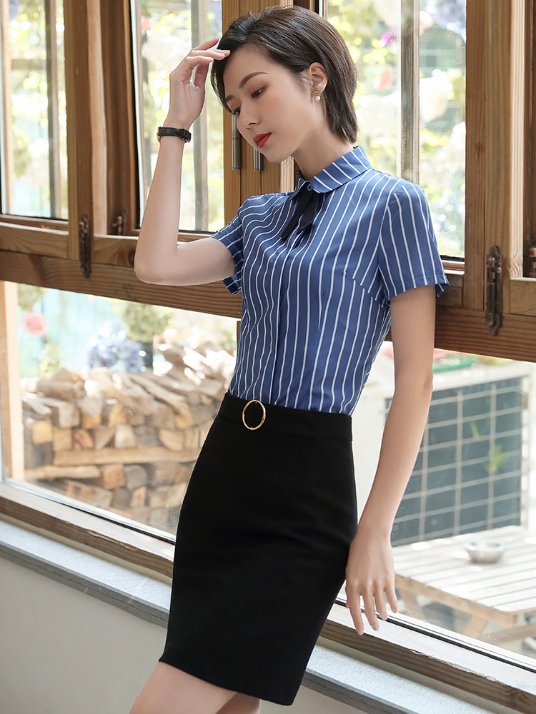 职业套装女夏季短袖条纹衬衫裙子两件套工装套裙工作服时尚气质