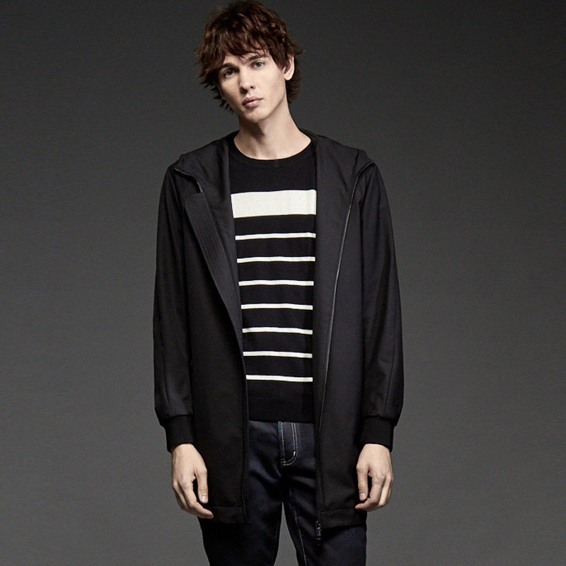 gentle爵度风衣中长时尚简约青年男士黑色休闲连帽风衣