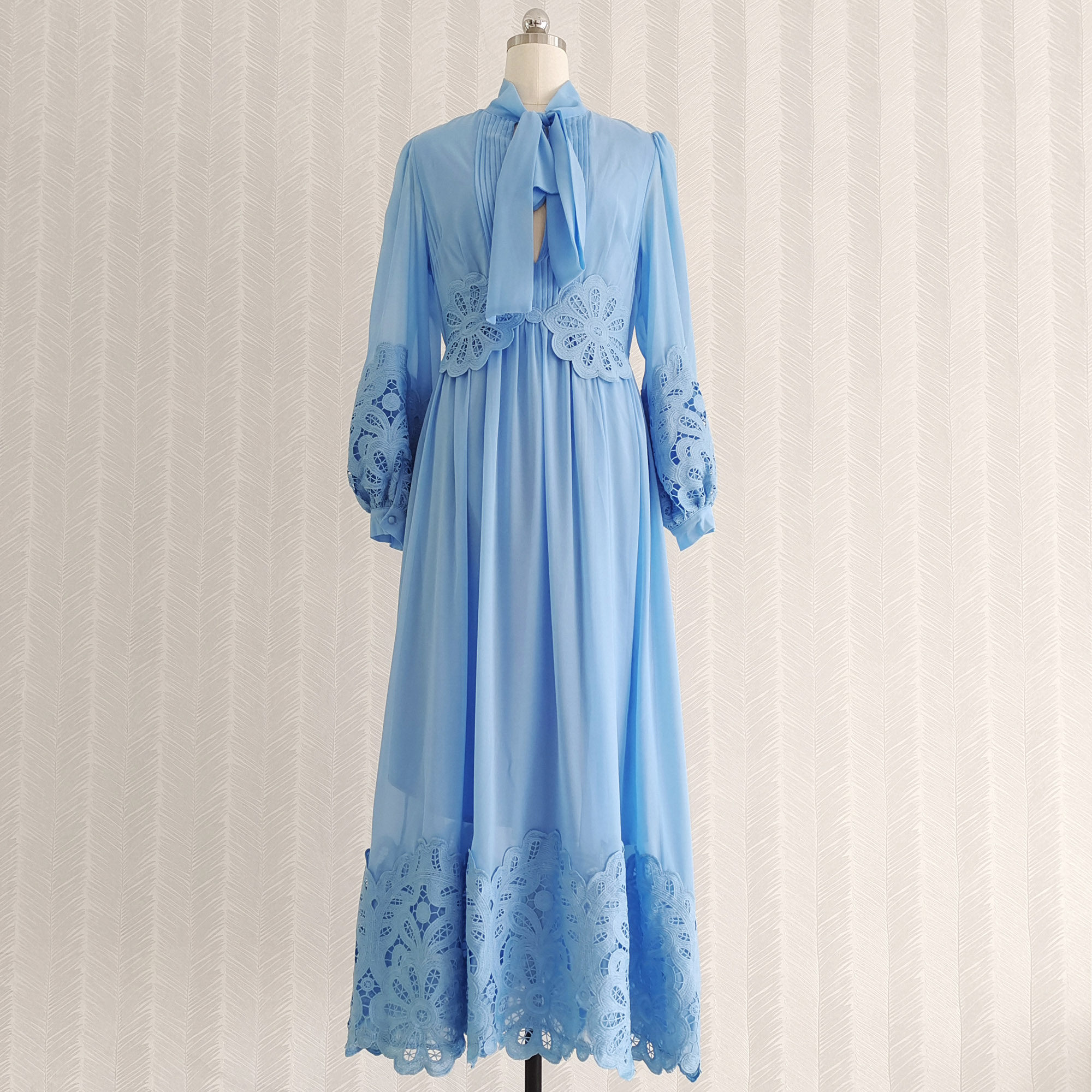 2021春款仙女女裙礼服系带复古蓝色裙子水溶连衣裙